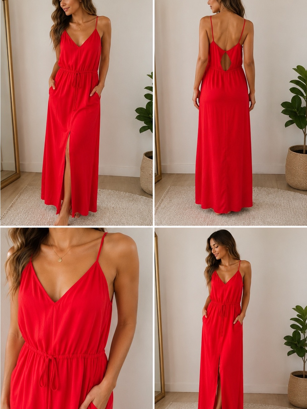 Red V-Neck Maxi Dress with Front Slit - Brand BCBG